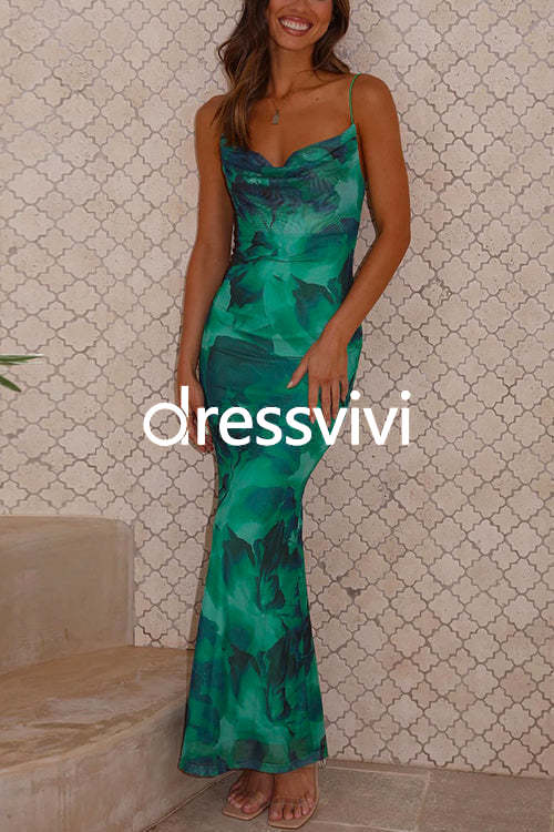 Cowl Neck Backless Printed Cami Maxi bodycon Dress