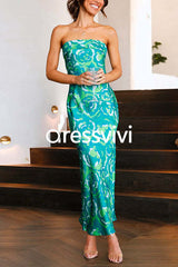 Strapless Tube Top Printed Satin Maxi Party Dress