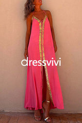 V Neck Backless Sequin Detailed Slit Maxi Cami Dress