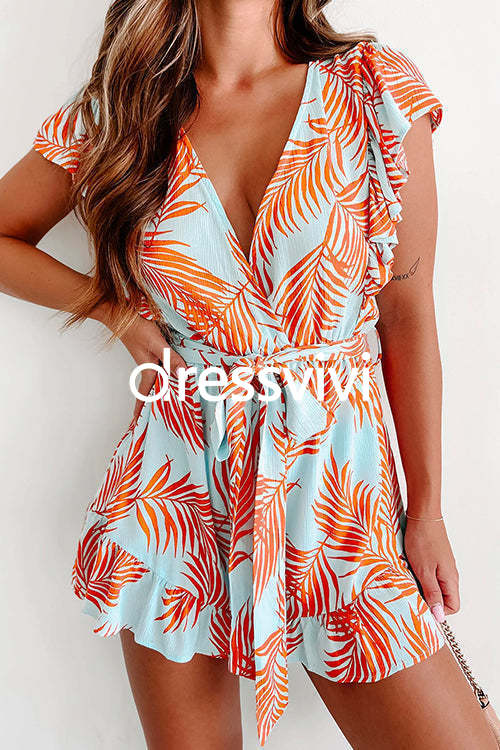 Wrap V Neck Tie Waist Leaf Printed Ruffle Romper