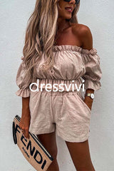 Ruffle Off Shoulder Short Sleeves Crop Top Elastic Waist Shorts Set