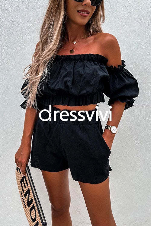 Ruffle Off Shoulder Short Sleeves Crop Top Elastic Waist Shorts Set