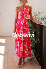 One Shoulder Sleeveless Floral Print Maxi Holiday Dress