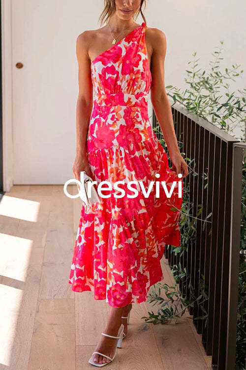 One Shoulder Sleeveless Floral Print Maxi Holiday Dress