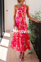 One Shoulder Sleeveless Floral Print Maxi Holiday Dress