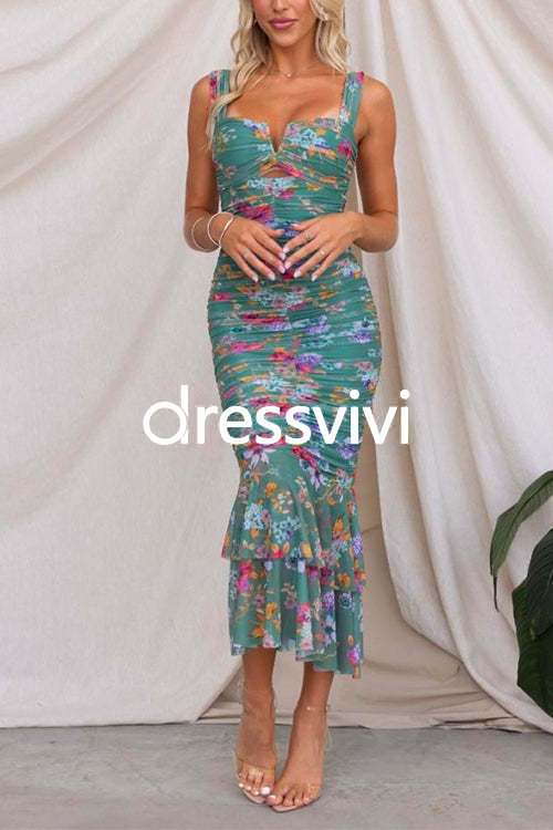 Mesh Overlay Ruched Floral Bodycon Midi Cami Dress