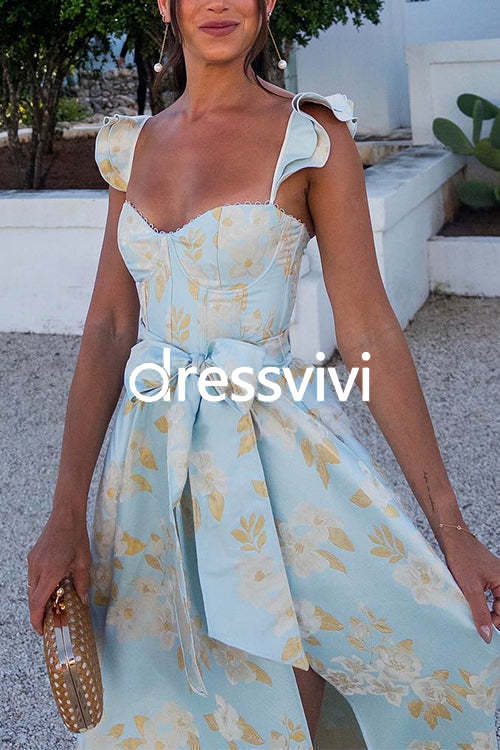 Ruffled Shoulder Bow Knot Waist Slit Printed Vintage Party Dress