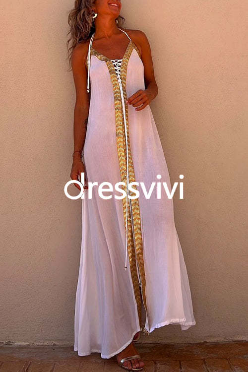 V Neck Backless Sequin Detailed Slit Maxi Cami Dress