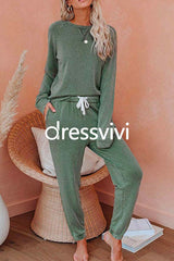 Long Sleeves T-shirt Drawstring Waist Joggers Loungewear Set