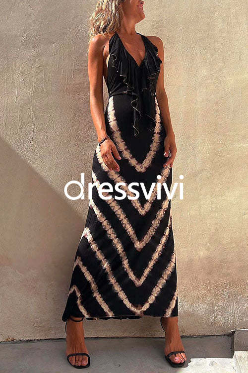 Halter V Neck Ruffle Drape Front Printed Maxi Dress