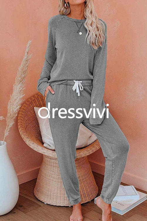 Long Sleeves T-shirt Drawstring Waist Joggers Loungewear Set