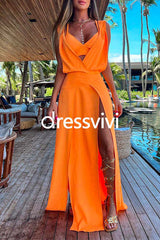 V Neck High Slit Maxi Cover Up Dress with Crop Cami Top Beach Set