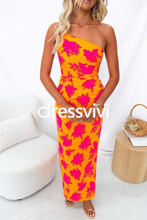 One Shoulder Side Split Printed Cami Maxi Dress