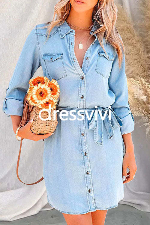 Rolled Up Long Sleeves Tie Waist Denim Shirt Dress