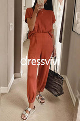 Short Sleeves Ribbed Knit Pullover Ruched Harem Pants Set