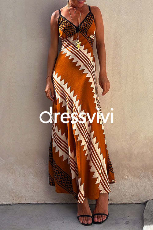 V Neck Color Block Printed Maxi Swing Cami Dress