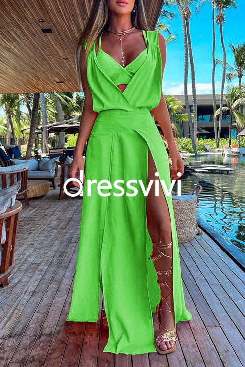 V Neck High Slit Maxi Cover Up Dress with Crop Cami Top Beach Set