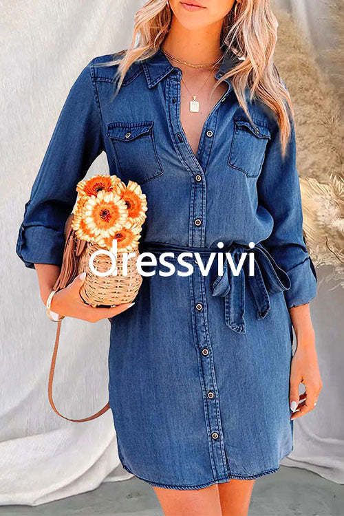 Rolled Up Long Sleeves Tie Waist Denim Shirt Dress