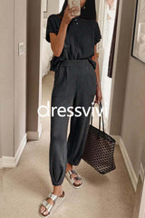 Short Sleeves Ribbed Knit Pullover Ruched Harem Pants Set