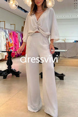 V Neck Twist Front Pullover Wide Leg Pants 2 Pieces Outfits