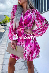 Wrap V Neck Waisted Ruffle Layered Printed Dress