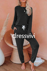 Long Sleeves T-shirt Drawstring Waist Joggers Loungewear Set