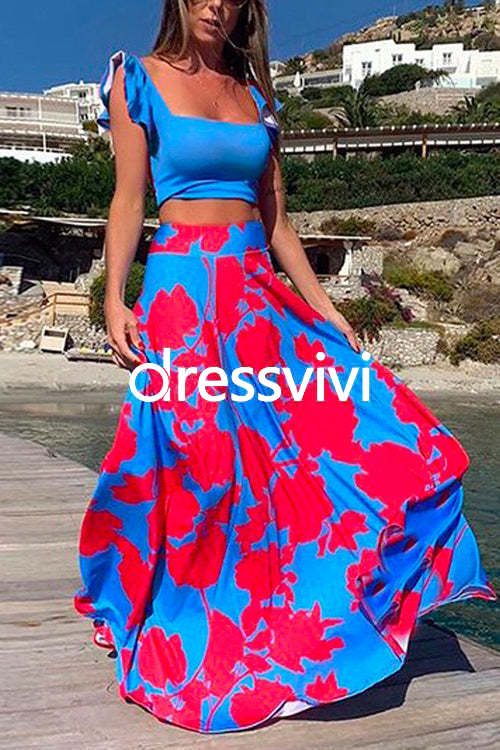 Square Collar Ruffle Crop Top Maxi Swing Skirt Printed Set