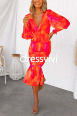 V Neck Long Sleeves Smocked Ruffle Printed Midi Bodycon Dress