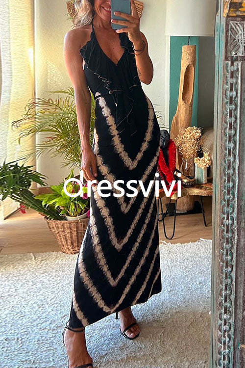 Halter V Neck Ruffle Drape Front Printed Maxi Dress