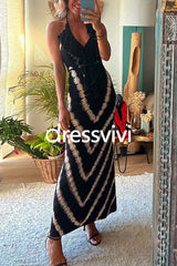 Halter V Neck Ruffle Drape Front Printed Maxi Dress