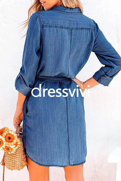 Rolled Up Long Sleeves Tie Waist Denim Shirt Dress