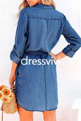 Rolled Up Long Sleeves Tie Waist Denim Shirt Dress