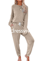 Long Sleeves T-shirt Drawstring Waist Joggers Loungewear Set