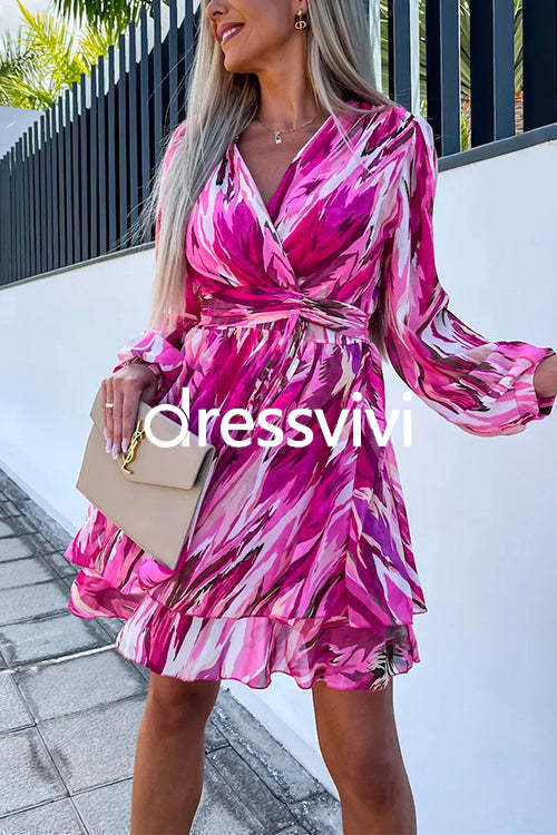 Wrap V Neck Waisted Ruffle Layered Printed Dress