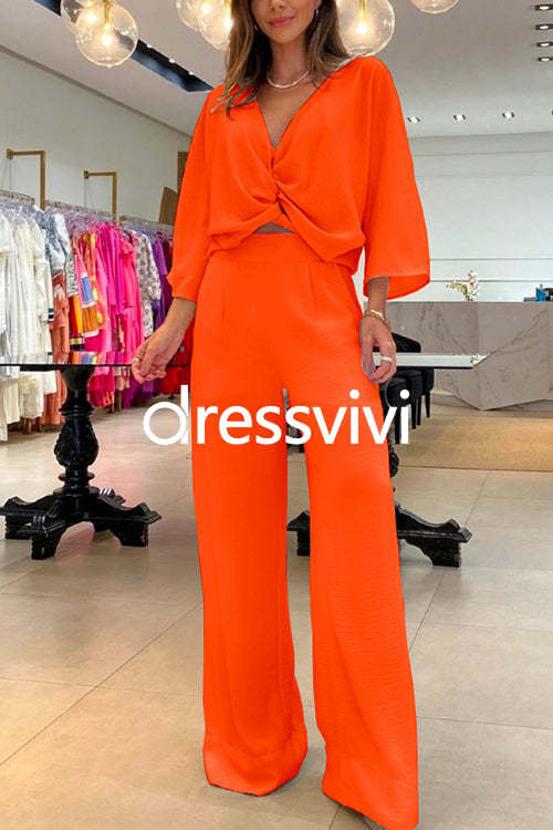 V Neck Twist Front Pullover Wide Leg Pants 2 Pieces Outfits