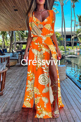 V Neck High Slit Maxi Cover Up Dress with Crop Cami Top Beach Set