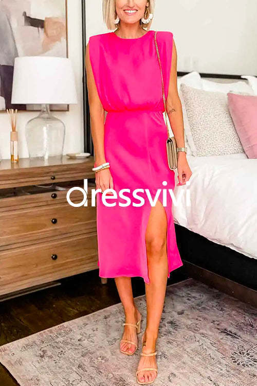 Crewneck Sleeveless Waisted Slit Midi Dress