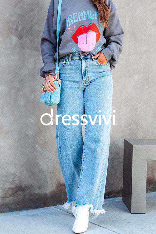 Raw Hem Wide Leg Casual Denim Pants