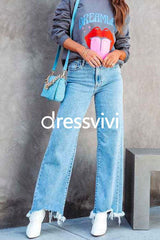 Raw Hem Wide Leg Casual Denim Pants