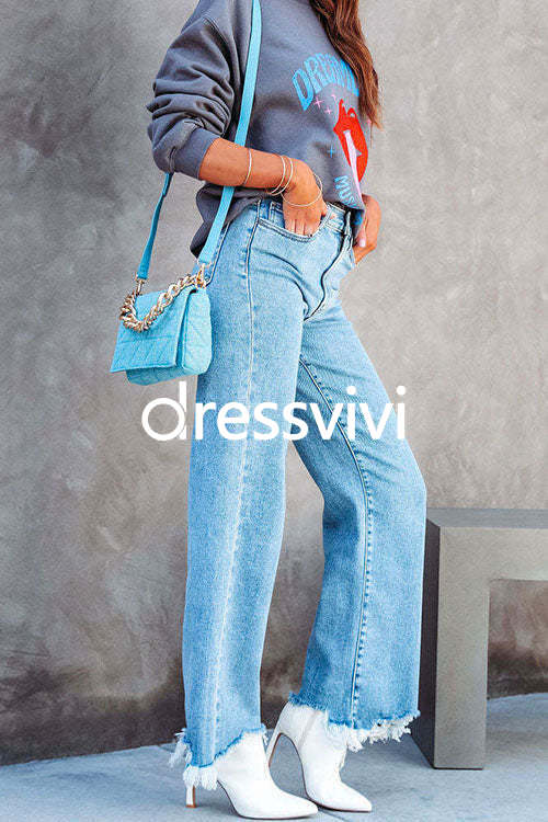 Raw Hem Wide Leg Casual Denim Pants