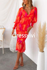 V Neck Long Sleeves Smocked Ruffle Printed Midi Bodycon Dress