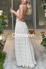 Ruffle Trim Halter Backless Crop Top Drawstring Waist Pleated Maxi Skirt Set