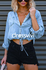 Long Sleeves Drawstring Hem Cropped Denim Shirt