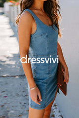 U Neck Slit Denim Bodycon Tank Dress