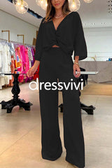 V Neck Twist Front Pullover Wide Leg Pants 2 Pieces Outfits