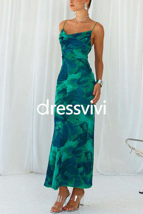 Cowl Neck Backless Printed Cami Maxi bodycon Dress