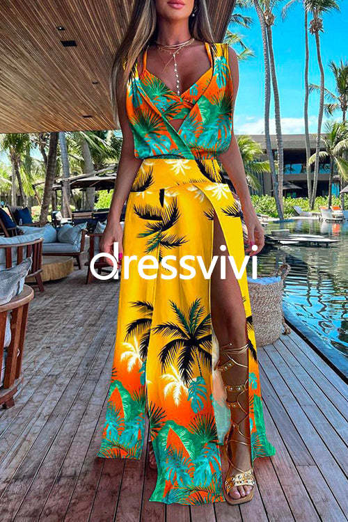 V Neck High Slit Maxi Cover Up Dress with Crop Cami Top Beach Set