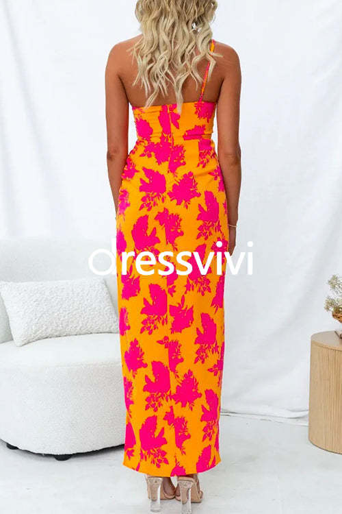 One Shoulder Side Split Printed Cami Maxi Dress