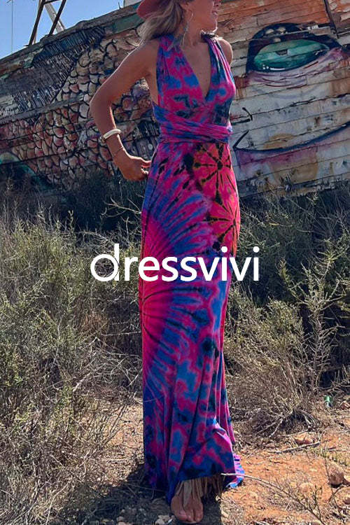 V Neck Criss Cross Backless Tie Dye Maxi A-line Dress