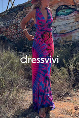 V Neck Criss Cross Backless Tie Dye Maxi A-line Dress